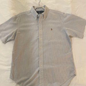 Men's Classic Fit vintage Ralph Lauren Polo short sleeve blue striped oxford